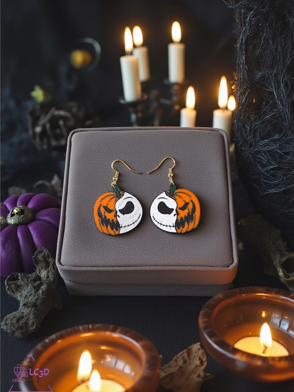 Halloween Pumpkin Face Dangle Earrings - Orange & White